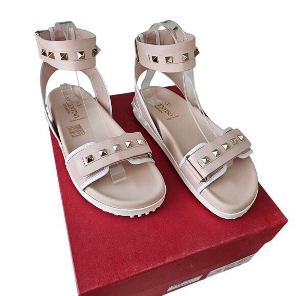 Valentino Garavani Rockstud Flat Ankle Strap Sandal Size 36 US 6 Pink White - Picture 1 of 10